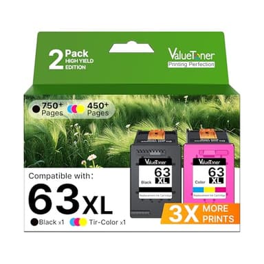 Valuetoner for HP Ink 63 Replacement for 63XL Ink Cartridges Black and Color 63 Ink to use for HP Officejet 3830 4520 4650 4655 5252 5255 5222 5255 5258 Deskjet 2130 2132 3630 3632 (1 Black, 1 Color)