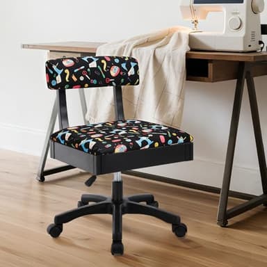 Lessmore Adjustable Height Sewing and Crafting Chair with Wheels, Back Support, and Under Seat Storage - Perfect for Your Craft Room Furniture and Craft Machines (Pattern-Blue)