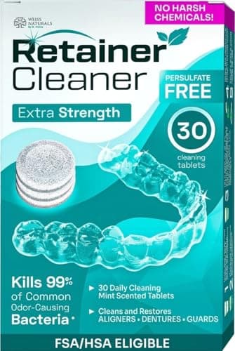 Weiss Naturals Retainer Cleaner Tablets, Invisalign Cleaner, Remove Stains, Odors & Plaque, PERSULFATE FREE Night Guard & Denture Cleaner 1-Month Supply, 30 Mint Scented Tablets