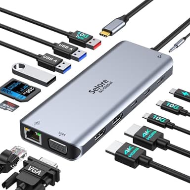 Selore USB C Docking Station Dual Monitor,Laptop Docking Station,14 in 1 Docking Station 3 Monitors with 2 HDMI,VGA,10G USB A/C,100W PD,6 USB A/C Ports,USB C Hub Multiport Adapter for Windows Laptops