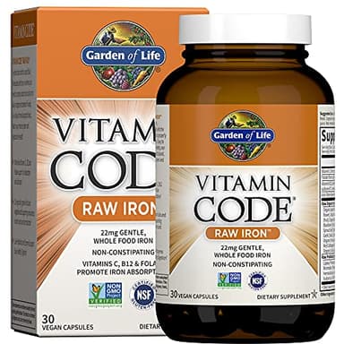Garden of Life Vitamin Code Raw Iron Supplement - 30 Vegan Capsules, 22mg Once Daily Iron, Vitamins C, B12, Folate, Fruit, Veggies & Probiotics, Iron Supplements for Women, Energy & Anemia Support