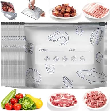 Reusable Aluminum Foil Sealable Storage Bags,Seafood Meat Self-sealing Freezer Bags,Aluminum foil sealable bags with labels and zippersmade,suitable for kitchen food storage and freezable(20pcs,Large)