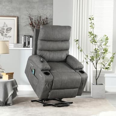 21" seat Width,Large Size Electric Power Lift Recliner Chair Sofa for Elderly, 8 Point Vibration Massage and Lumber Heat, Remote Control, Side Pockets and Cup Holders, Cozy Fabric, overstuffed arm pu