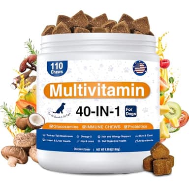 Dog Multivitamin, 40-in-1 Dog Vitamins and Supplements Chewable Contain Probiotics Omega-3 Glucosamine, Multivitamin for Dogs Skin Coat Heart Joint Liver Brain Eyes Immune Support (110ct)