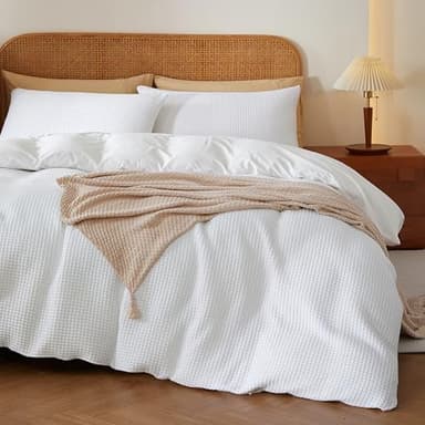 100% Egyptian Cotton Duvet Cover Set Queen Size, Waffle Weave Duvet Cover, 600 TC Soft Breathable Luxury Textured Bedding Set for All Season, 3 PCS, 1 Duvet Cover and 2 Pillowcases, White, 90"x90"