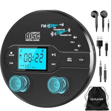 Sunoony Portable CD Player with Bluetooth, Discman CD Player for Car with FM Transmitter, Rechargeable CD Player Portable with Anti-Skip Protection, Headphones, AUX/USB Supported, LCD (Black)