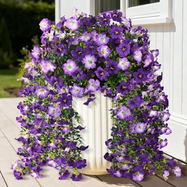Artificial Fake Flowers Plants for Outdoor Spring Summer Decoration,2 PCS Faux Silk Morning Glory with Eucalyptus Leaves,UV Resistant Realistic Outdoor Flowers for Balcony Porch Patio Yard Garden