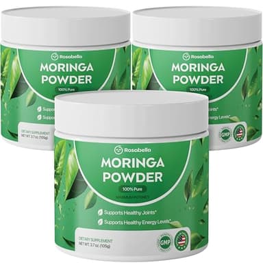 Rosabella Pure Moringa Powder - Energy, Skin, Immune & Gut Health Superfood, Rich in Antioxidants, Essential Vitamins & Amino Acids, Natural Green Superfood Supplement (3.7oz (Pack of 3))