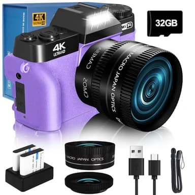 2026 Upgrade VJIANGER Digital Camera for Photography Vlogging Camera for YouTube with WiFi, 180° Flip Screen, 16X Digital Zoom, 52mm Lens, 2 Batteries, 32GB Micro SD Card(Purple)