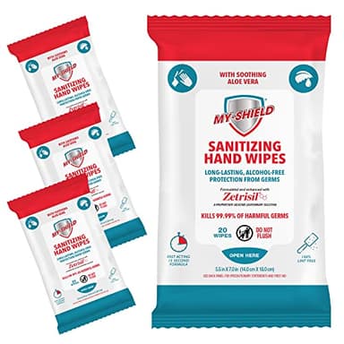 My-Shield Sanitizing Hand Wipes - Travel Pack - 20 Count (4-pack) Alcohol-Free, Long-lasting Protection. Kills 99.9% of Germs. Moisturizes With Aloe Vera. Formulated with Zetrisil.