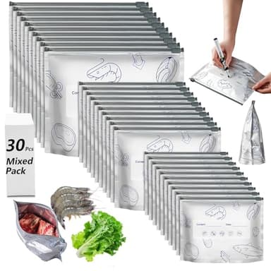 30 Pcs Reusable Mylar Bags for Food Storage, Waterproof Aluminum Foil Stand Up Pouches Freezer Containers for Beans Vegetables Rice Meat Long Term Preservation, BPA Free