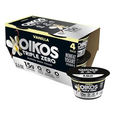 Oikos Triple Zero Vanilla Nonfat Greek Yogurt Pack, 0% Fat, 0g Added Sugar and 0 Artificial Sweeteners, Just Delicious High Protein Yogurt, 4 Ct, 5.3 OZ Cups