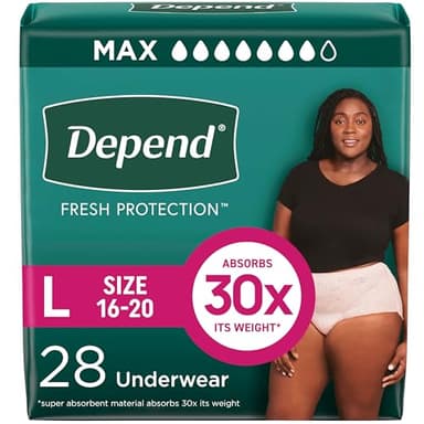 Depend Fresh Protection Adult Diapers, Incontinence & Postpartum Bladder Leak Underwear for Women, Disposable, Maximum, Large, Blush, 28 Count, Packaging May Vary