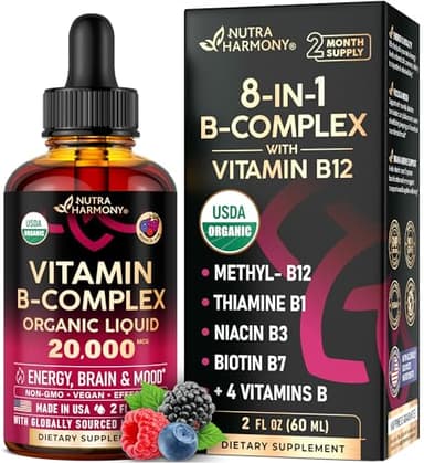 USDA Organic Vitamin B-Complex B5 Pantothenic Acid | B12 Methylcobalamin | B1 Thiamine | B6 Pyridoxine | B7 Biotin | B9 Folic | B3 Niacinamide - B Complex Liquid Drops, Made in USA Supplement, 2fl oz