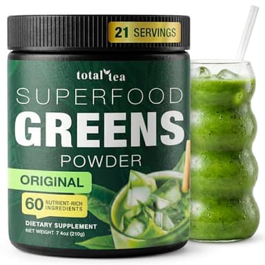 Total Tea Super Greens Powder Supplement, Greens, Fruits, Vegetables, Vegan Drink with Spirulina, Chlorella and Vitamins 21 Servings - Original