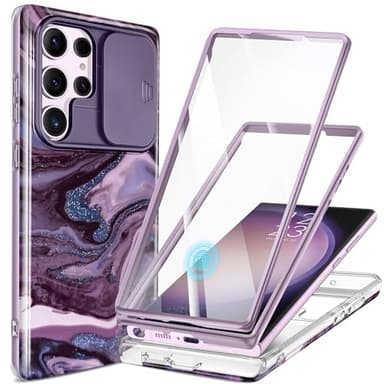 GVIEWIN for Samsung Galaxy S23 Ultra Case with Slide Camera Cover, [Built-in Screen Protector] [2 Front Frames] Military Grade Shockproof Marble Phone Case Fit S23 Ultra 6.8", Quicksand/Purple