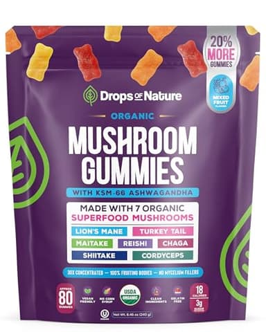 Drops Of Nature Ashwagandha Gummies & Lions Mane Mushroom Supplement – Turkey Tail, Maitake, Reishi, Chaga, Shiitake, Cordyceps – Organic & Low Carb Mushroom Gummies – Immune Wellness (80 Gummy Bears)