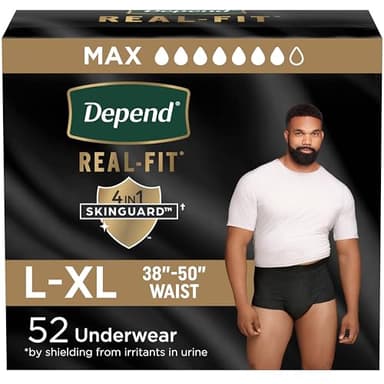 Depend Real Fit Adult Diapers, Incontinence Underwear for Men, Disposable, Maximum Absorbency, Large/Extra Large, Black, 52 Count (2 packs of 26), Packaging May Vary