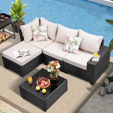 SunloungeCo 5 Pieces Outdoor Patio Furniture Set, Wicker Conversation Sets with Tea Table, Rattan Patio Sofa with Thick Cushions for Garden, Backyard, Poolside, Party, Beige