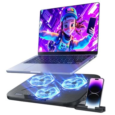 Laptop Cooling Pad with 3 Quiet Fans, 5-Level Height Adjustable Ergonomic Stand, 2 USB Ports & Phone Holder, Fits 12-17 Inch Laptops, Family-Friendly for Gaming/Work/Online Class,