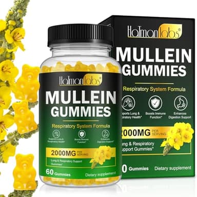 Mullein Gummies for Lungs, 2000 MG(50:1 Extract) Mullein Leaf Extract for Lung Cleanse and Respiratory Support, Natural Mullein Herbal Supplement, Pear Flavor Gummies 60 Count