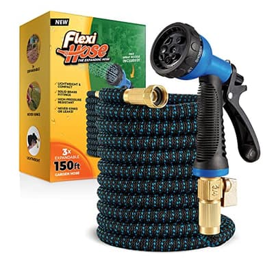 Flexi Hose Expandable Garden Hose with 8 Function Nozzle, 150FT - Lightweight Retractable Garden Hose, Water Hose - No-Kink Flexibility, 3/4 Inch Solid Brass Fittings and Double Latex Core