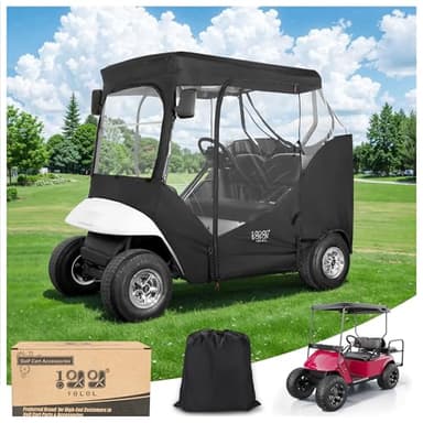 10L0L Deluxe Golf Cart Enclosure for 2 Passengers EZGO TXT RXV with Side Mirror Openings, Waterproof Portable 4-Sided Transparent Windows Golf Buggy Driving Enclosure Cover Black - Roof up to 58" L