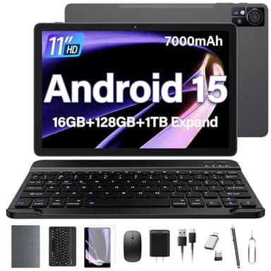 11 Inch-Android 15 Tablet 2026 Latest Update 16GB RAM 128GB ROM 1TB Expandion 5G WiFi Cellular 21MP Dual Camera Octa-core MTK8786.Gemini AI 2.0.Tablets with Keyboard,Mouse,protective film,Case-Gray