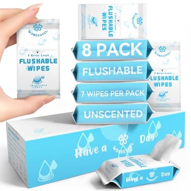 WONDERFUL Travel Flushable Wipes, 8 Mini Packs, Unscented Plant-Based Wet Wipes for Adults & Kids, Septic Safe, Gentle for Sensitive Skin & Hypoallergenic (Total 56 Wipes)