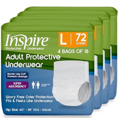 Inspire Protective Underwear for Men and Women | Adult Diapers for Bowel Incontinence | Disposable Underwear for Women and Men - 4 Bags of 18 | 72 Total (Large)
