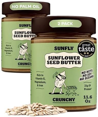SUNFLY Sunflower Butter, Vegan, Nut-Free, High Protein Spread, Rich in Vitamins & Minerals, Plant-Based Peanut Butter Alternative, 2x11.6oz Crunchy