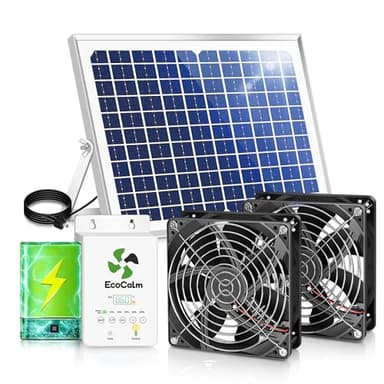 ecoCalm Solar Exhaust Fan for Chicken Coop with Battery and Adjustable Thermostat, Solar Powered Fan with 25W Bifacial Solar Panel & Dual 5.5" Fans Kits