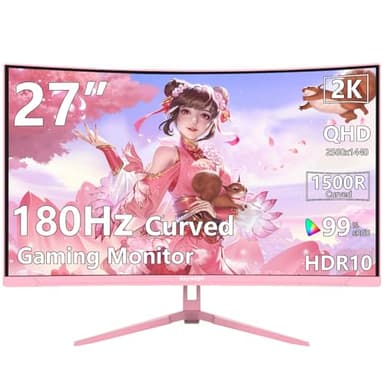 Raywego Pink 27 inch Curved Gaming Monitor 2K 180Hz,QHD 1440P,1500R LED Display,Pink Computer Monitor,1ms (MPRT),FreeSync,Eye-Care Technology, DP, HDMI Port for Gaming Home Office,VESA(75mm×75mm)