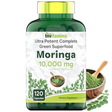 tnvitamins Moringa Capsules 10,000 mg - 120 Capsules | High Potency Moringa Leaf Extract Superfood Supplement for Energy, Vitality & Antioxidant Support