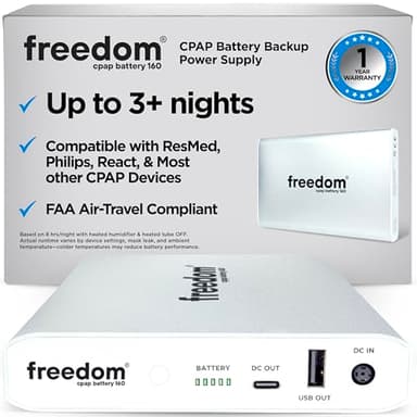Freedom CPAP Battery 160Wh - Up to 24 Hours with AirSense 11 - Portable Rechargeable Backup for Travel Camping Power Outages