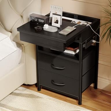 Lazzanto Nightstand Hidden Drawer Charging Table - Night Stand with Charger Station and Sliding Top Storage, Morden Bedside Table with 2 Fabric Drawers, for Dorm Living Room Bedroom, Black