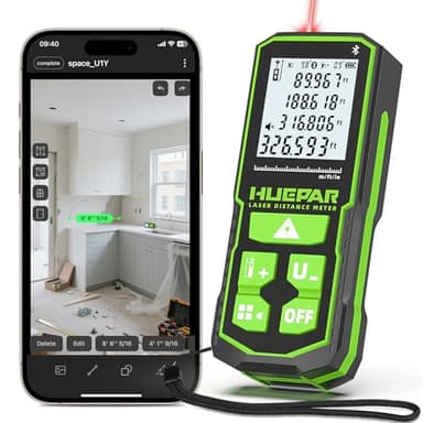 Laser Distance Measure 330Ft. Huepar Digital Rechargeable Laser Measuring Tool with Bluetooth -Phone APP, Angle Sensor, 1/16in Accuracy, M/in/Ft Unit, Pythagorean Mode, Measure Distance, Area, Volume