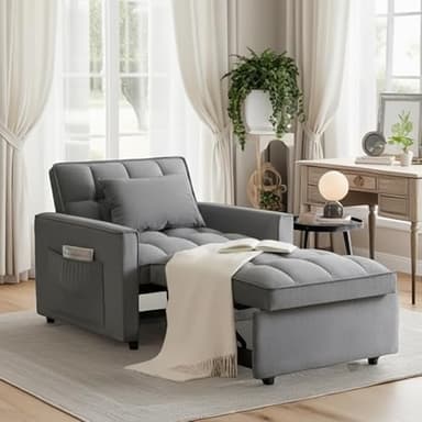 Trygoal Sleeper Chair, Pull Out Chair Sleeper with Adjustable Back & Pocket, Convertible Chairs Bed Sleepers for Adults, 3 in 1 Sofa Bed Chairs for Small Spaces, Living Room, Gray