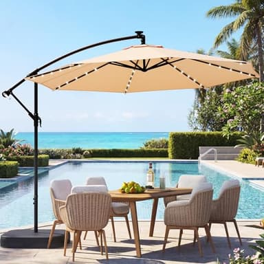 EROMMY 10FT 40-LED Solar Lighted Patio Umbrella with Base Included, Outdoor Offset Cantilever Umbrella, Infinite Tilt, Crank and Cross Base, UV Protection for Backyard, Lawn, Garden & Pool