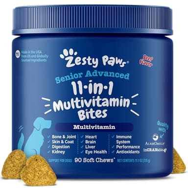 Zesty Paws Senior Dog Multivitamin Treats - Glucosamine for Dogs + Digestive Enzymes & Probiotics - Grain Free Dog Vitamins and Supplements for Skin & Coat + Immune Health Beef - Advanced - 90ct