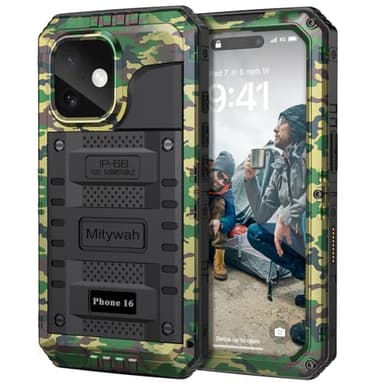Mitywah Waterproof Case for iPhone 16, Shockproof Heavy Duty Case with Built-in Screen Protector, Underwater Full Body Protective Metal Case 6.1 inch, Camouflage