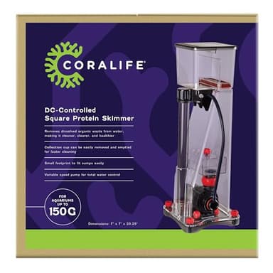 Coralife Aquarium Fish Tank Marine Salt Water DC-Controlled Variable Speed Square Protein Skimmer, Up To 150 Gallons
