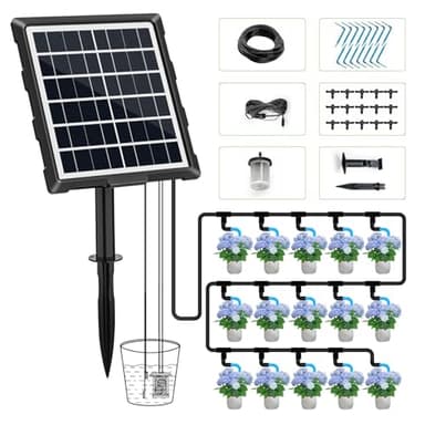 Solar Automatic Drip Irrigation Kit System, 50FT Solar Powered Auto Easy DIY Watering Device Supported Pots Plants, 6 Timing Modes with Anti-Siphoning Device