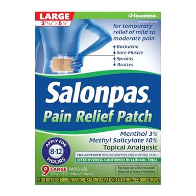 Salonpas Pain Relief Patch, 9 Count Large (Pack of 1), Up to 12 Hours Temporary Relief of Mild to Moderate Pain, Backache, Sore Muscle, Sprains, Bruises