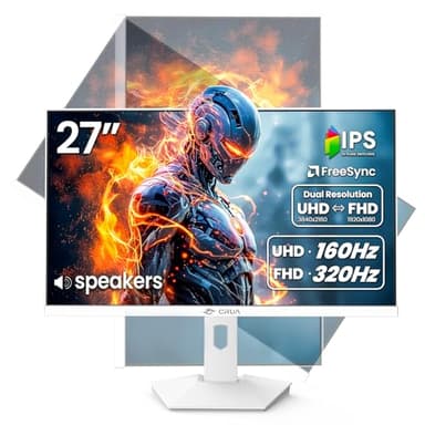 CRUA 27'' 4K Gaming Monitor, UHD 160Hz / FHD 320Hz Dual Mode IPS White Computer Monitors, Rotating/Pivot & Height-Adjustable, AMD FreeSync, Built-in Speakers, PIP/PBP, HDMI 2.1 & DP 1.4