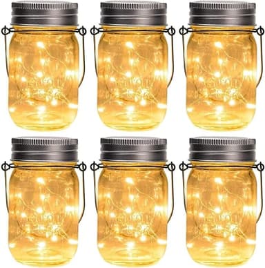 GIGALUMI Hanging Mason Jar Solar Lights, 6 Pack 30 Led Hanging Solar Lanterns Outdoor Waterproof, Hangers and Jars Included, Outdoor Decor for Balcony, Garden, Patio, Yard, Wedding