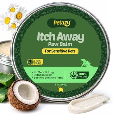 Petazy Dog Paw Balm – Itch Away Formula for Itchy, Dry, Craked & Irritated Paws | Lick-Safe, Natural Relief with Coconut Oil, Aloe Vera & Shea Butter | Paw & Nose Balm for Dogs & Cats, 2.1 oz