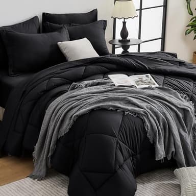 HEVUMYI Black Queen Comforter Set - 7-Piece All Season Bed in a Bag Queen, Ultra Soft Bedding Set with Comforter, Flat Sheet, Fitted Sheet, Pillowcases, Pillow Shams, Black