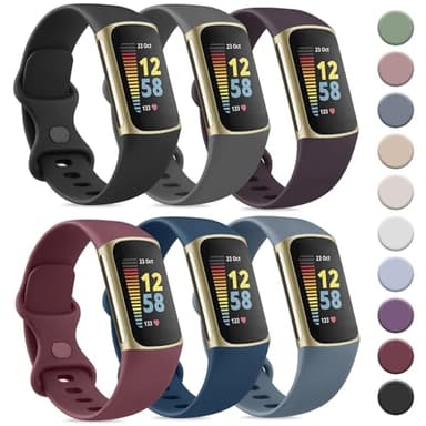 Tobfit 6 PACK Sport Bands Compatible with Fitbit Charge 5 Bands for Women Men, Soft Silicone Waterproof Straps Replacement Wristbands Compatible for Fitbit Charge 5 Watchband,Small, Black/Dark
