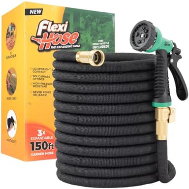 Flexi Hose Expandable Garden Hose with 8 Function Nozzle, 150FT - Lightweight Retractable Garden Hose, Water Hose - No-Kink Flexibility, 3/4 Inch Solid Brass Fittings and Double Latex Core